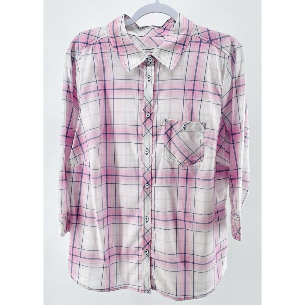 Foxcroft NYC 14W NWT Chic Pink Plaid Wrinkle Free 100% Cotton Button Up Blouse